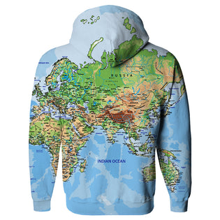 World map print kangaroo pocket top hoodie