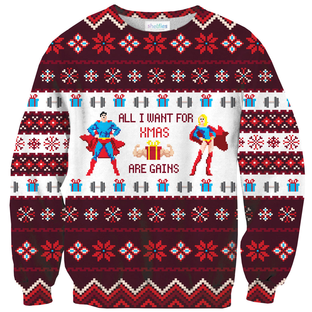 All I Want For Xmas Are Gains Sweater-Shelfies-| All-Over-Print Everywhere - Designed to Make You Smile
