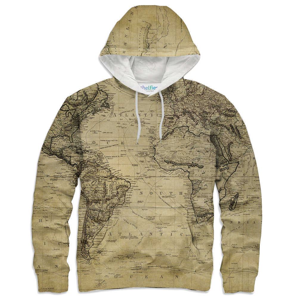 World map print kangaroo pocket top hoodie