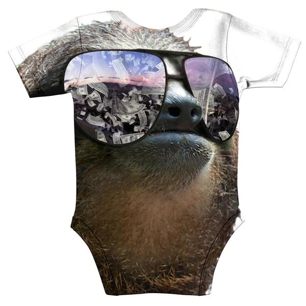 Money On My Mind Sloth Baby Onesie-Shelfies-| All-Over-Print Everywhere - Designed to Make You Smile