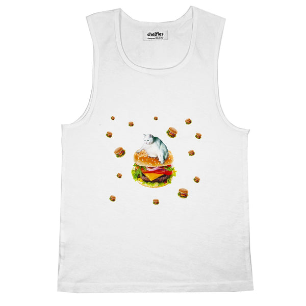 Hamburger Cat Basic Tank Top-Printify-White-S-| All-Over-Print Everywhere - Designed to Make You Smile