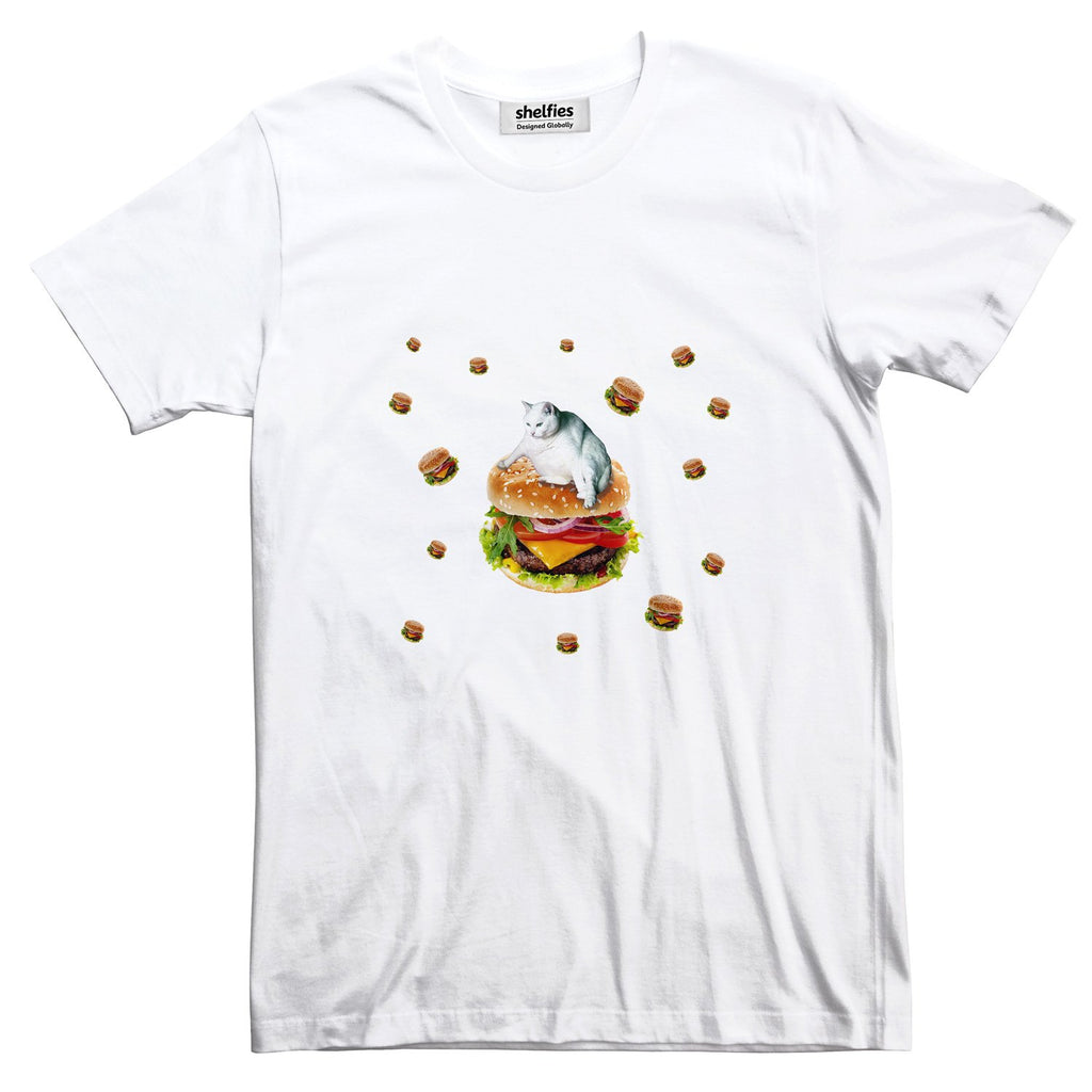 Hamburger Cat Basic T-Shirt-Printify-White-S-| All-Over-Print Everywhere - Designed to Make You Smile