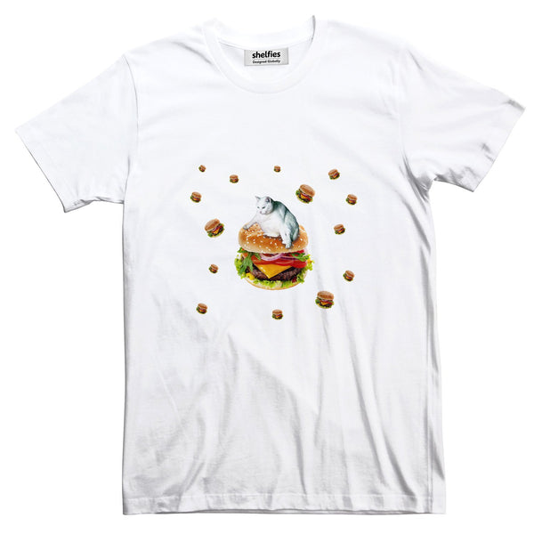 Hamburger Cat Basic T-Shirt-Printify-White-S-| All-Over-Print Everywhere - Designed to Make You Smile