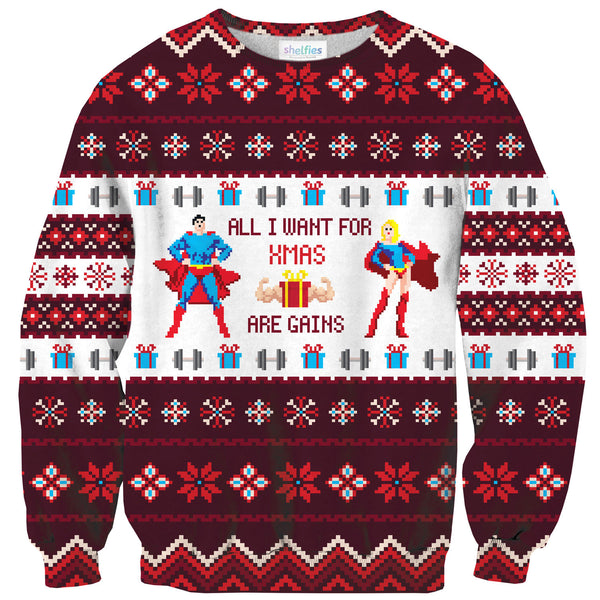 All I Want For Xmas Are Gains Sweater-Shelfies-| All-Over-Print Everywhere - Designed to Make You Smile